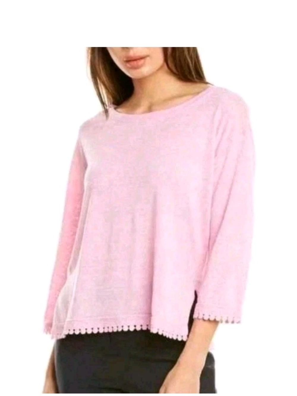 J.CREW Sweater Top 100% Linen Womens XL Pink Pom-Pom Trim 3/4 Sleeves Barbie